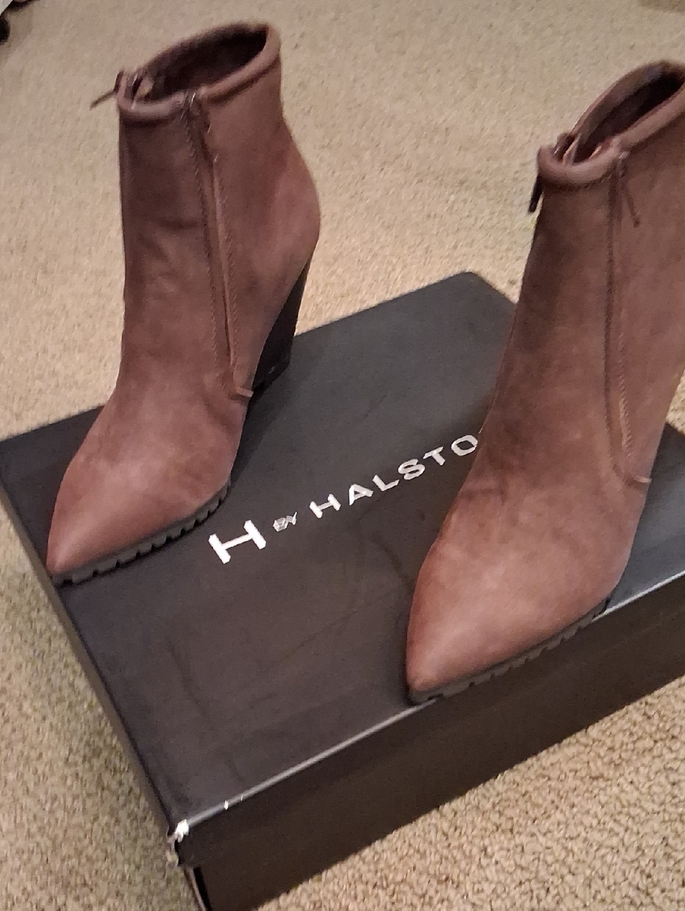 Halston Heritage Brown Suede Pointed Toe Wedge Booties